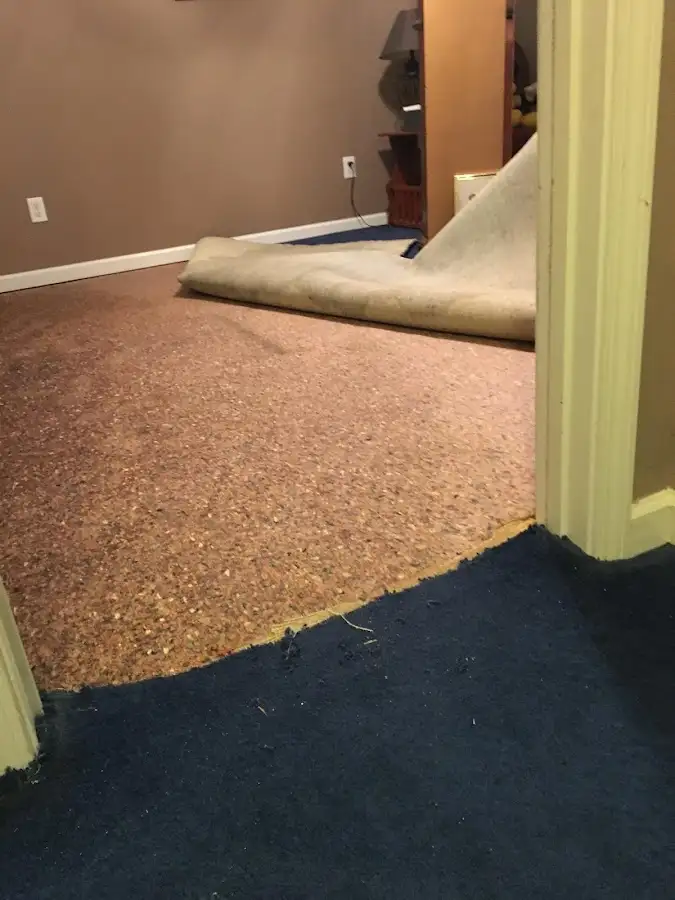 Carpet pad removal revealing water damage during Water Mitigation Services in Iowa Colony